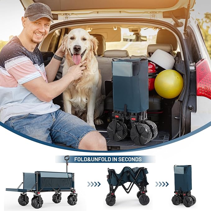 Timber Ridge 47" L Collapsible Wagon with Tailgate & Brake, 300lbs Heavy Duty Beach Wagon with All-Terrain Big Wheels, 250L Foldable Utility Cart for Sand Camping Sports Shopping, Blue