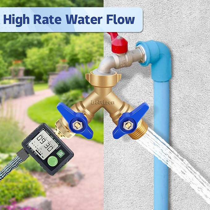 Boltigen Garden Hose Splitter Full Flow Port 2 Way Heavy Duty Brass Y Type Hose Connector 3/4'' GHT Thread Water Hose Shuf Off Valve Adapter Fitting, for Outdoor Faucet Irrigation House Sprinkler
