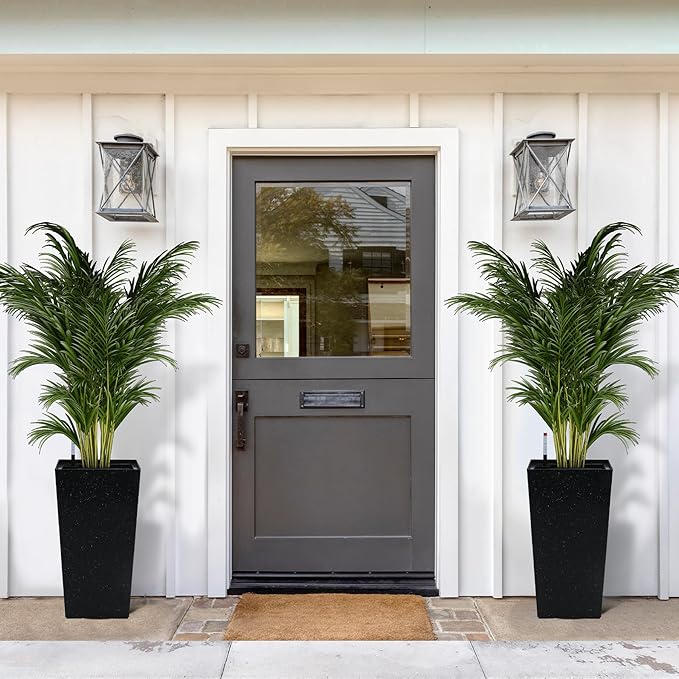 GarveeLife 22.5" Tall Planters Set of 2, Outdoor&Indoor Black Planter Pots, High Front Porch Planter Pots With Drainage Holes&Water Level Monitor&Inner Bucket, Automatic Watering, Black and White Dots