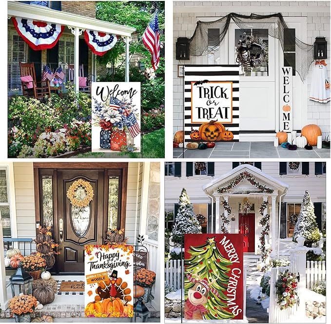 Doncida Seasonal Garden Flags Set of 12 Double Sided Double Stitching 12x18 Inch, Fall Halloween Christmas Yard Flags for Outside Decor, Includes Free Anti-Wind Clip and Stopper