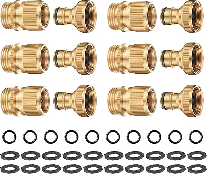 Heavy Duty Solid Brass Garden Hose Quick Connect Fittings, 6 Pack 3/4" With 20 Extra Washers, Male and Female Connectors