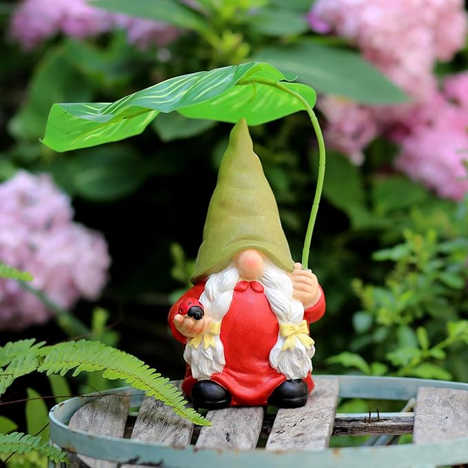 Garden Female Gnome Statue Decoration with Leaf Umbrella, 7.5” Figurine Ornament for Indoor Outdoor Home Patio Yard Lawn, for Gnome Lovers & Garden Enthusiasts,Mom,Women