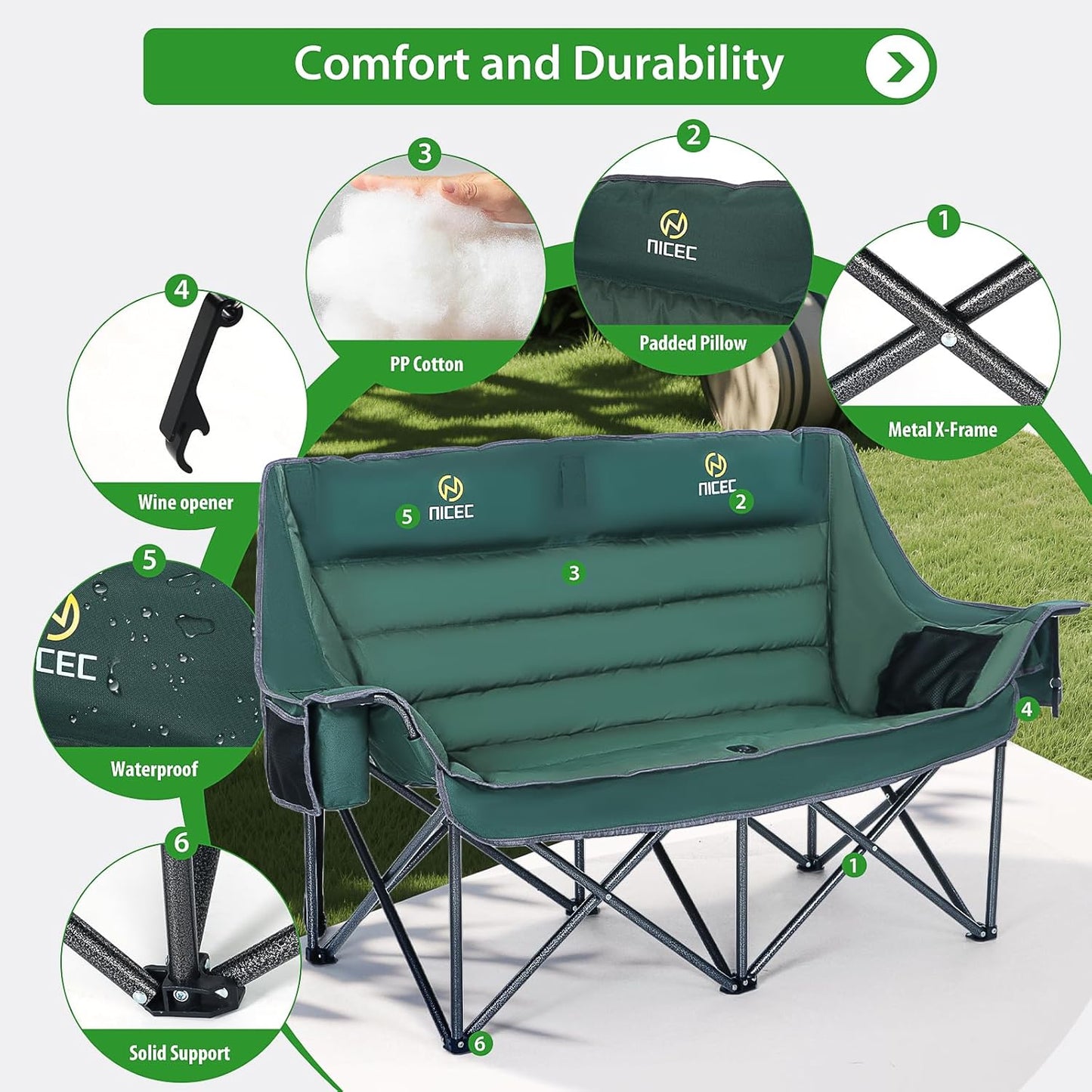 Nice C Double Padded Camping Chair, Oversized Loveseat Camping Chair, Outdoor Camping Couch for Adults, Lawn Chairs, Extra Padded, with Cup Holder, Cooler Bag, Bottle Opener (Green)