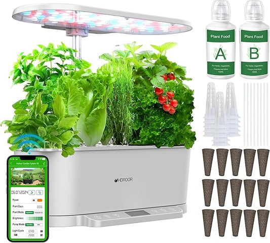 Hydroponics Growing System Kit APP Controlled, Indoor Herb Garden Hydroponic 15 Pods 36W Grow Light, Smart Indoor Garden, Height Adjustable to 30", Water Shortage Alarm, Quiet Pump, Auto Timer, White