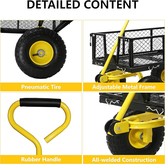 Steel Garden Cart, 2-in-1 Heavy Duty Utility Wagon 900 LBS Capacity Carts with Removable Mesh Sides to Convert into Flatbed, 240° U-Turn 10" Pneumatic Tires Garden Wagon for Lawn Camping Farm Yard