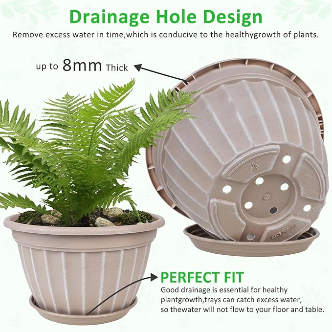FGstyle 10 Inch Plants Pot,4 Pack Flower Pots,Planters Pot with Drainage Hole & Saucer,Modern Planters for Indoor Outdoor Plants,Decorative Resin Garden Pots for Outdoor Indoor Home Plants (Beige)