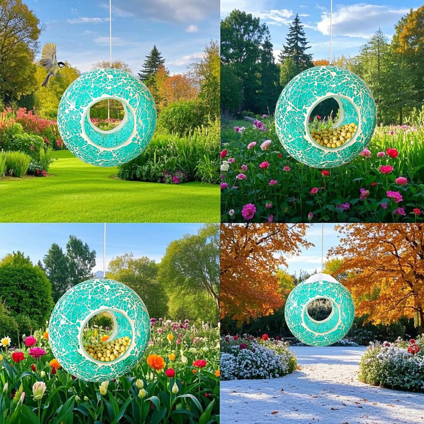 Mosaic Bird Feeder, Outside Hanging with Round Shape Glass BirdFeeders to Attract More Wild Birds, Mosaic Fly Through for Garden, Yard, Backyard, Deck and Porch Decor, Blue 7-Inch