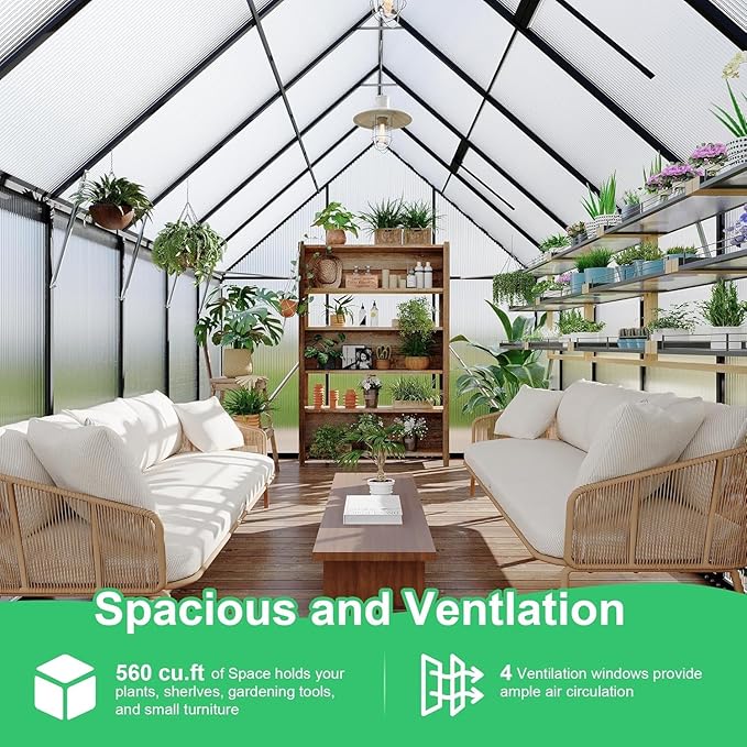 Greenhouse 6x9 FT Aluminum-Framed Heavy Duty Polycarbonate with Quick Setup Structure and Roof Vent Large Enhanced Outdoors Green House Kit