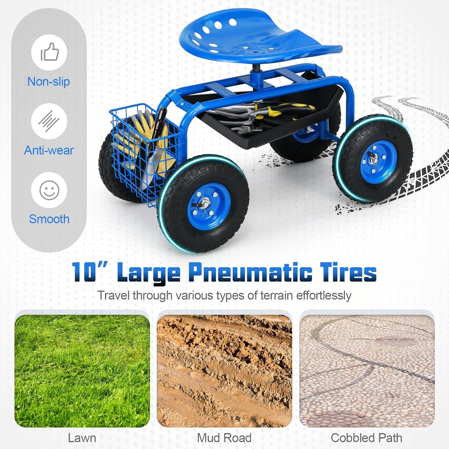 Giantex Rolling Garden Work Seat, 360 Swivel Gardening Workseat with Wheels, Tool Basket, Adjustable Height, Outdoor Scooter for Sitting, Gardening Stool Chair for Planting Trimming, Blue