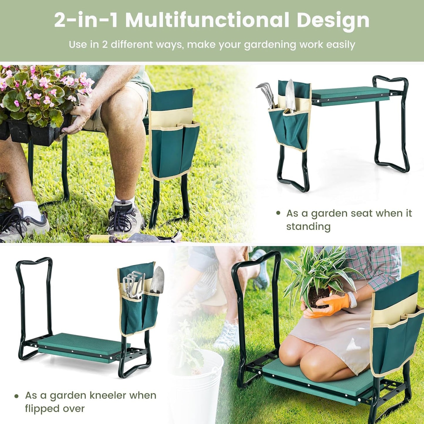 Goplus Garden Kneeler and Seat, Heavy-Duty Garden Bench w/Large Tool Pouch, Widen EVA Foam Kneeling Pad, Portable Gardening Gift for Women Men Seniors, Foldable Garden Stool for Kneeling & Sitting