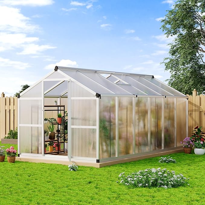 8x12 FT Polycarbonate Greenhouse with Roof Vent - Large Aluminum Walk-in Greenhouse Kit for Gardening, Backyard, Patio, Lawn - Easy Assembly