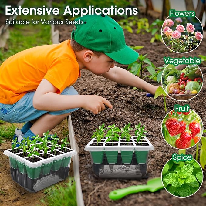 MQUPIN Self Watering Seed Starter Tray with Grow Light,5 Pack/60 Cells Seed Starter Kit with Timing,Humidity Domes,Thicken Tray, Heightened Lids for Greenhouse Seeds Growing Starting