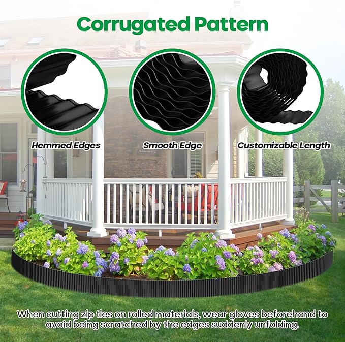 Corrugated Metal Garden Edging, Sturdy Tall Landscape Edging Borders, Perfect DIY for Flower Beds, Lawn and Pathway, Tree Surrounds, Paver Edges (Black, 6"×20FT)