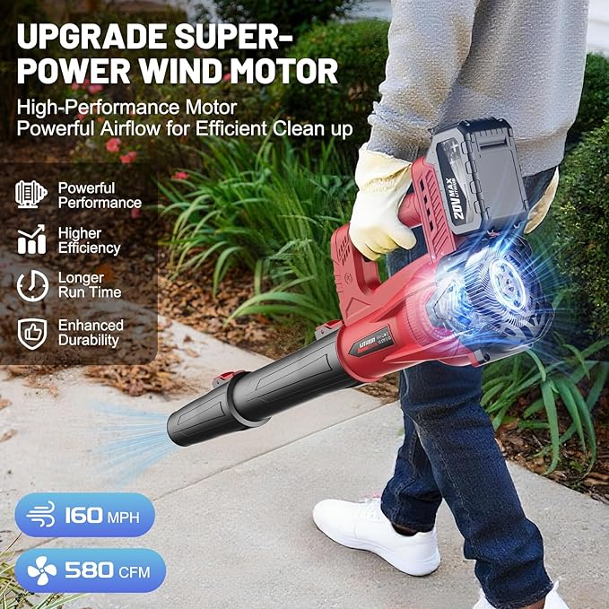 Leaf Blower Cordless with 2 x 4.0Ah Battery and Charger, 160MPH/580CFM High Power Lightweight Handheld Electric Leaf Blowers with 2 Extended Tubes for Lawn,Yard Garden, Leaves, Dust, Snow Care (Red)