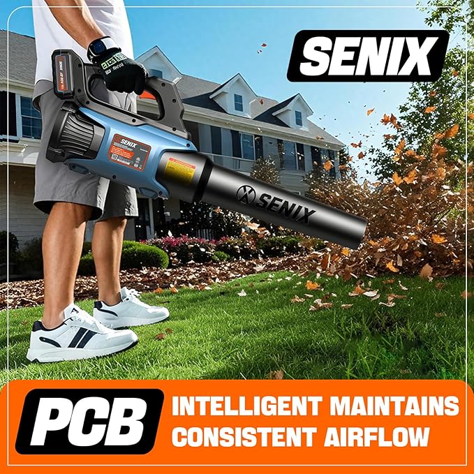 SENIX 20V Max Leaf Blower, Cordless, Brushless, Handheld, Up to 450 CFM and 100 MPH, 2 Speed Mode, Cruise Control, Lightweight, 5.0 Ah Battery and Charger Included (BLAX2-M3)