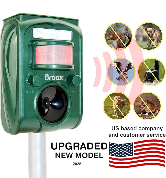 Broox 2025 Upgraded Solar Animal Repellent, Cat Repellent Outdoor, Squirrel Repellent, Deer Repellent, Ultrasonic pest Repeller, Waterproof IP 65, Motion Detection, Dog, Raccoon, Skunk, Rabbit, Rodent