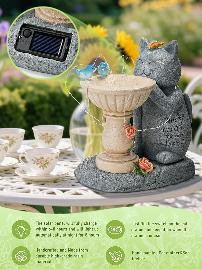 Garden Decor Cat Birdbath Statues, Solar Statues Decor with Butterfly Garden Decor for Home House, Yard Art Lawn, Ornaments, Porch Patio, Balcony - Birthday Gifts for Grandma Mom Women