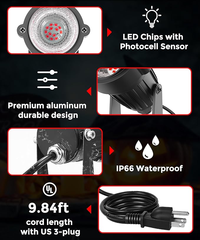 LOHAS Landscape Red Christmas Spot Lights Outdoor, 10W Dusk to Dawn Sensor LED Spotlights for Yard, IP66 Waterproof Pathway Garden Outside Lights, 9.84-ft Cord, Red Lawn Decor Lamp, UL Listed,2 Pack