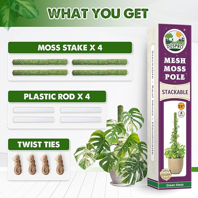 Duspro Green Stackable Mesh Moss Pole for Climbing Vines, Supporting Monstera Trellis, Extendable Plant Pole Moss Sticks, Potted Plant Stakes (4 Pack, 71'')