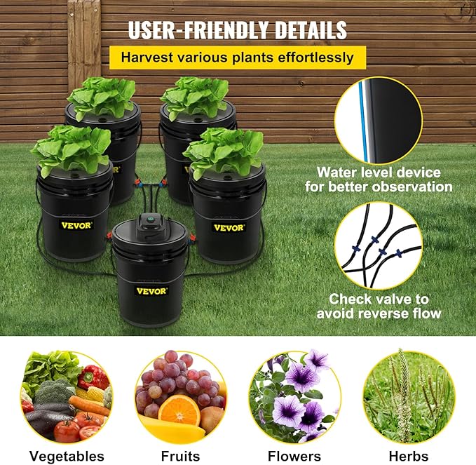 VEVOR DWC Hydroponic System, 5 Gallon 5 Buckets, Deep Water Culture Growing Bucket, Hydroponics Grow Kit with Pump, Air Stone and Connected Reservoir, for Indoor/Outdoor Leafy Vegetables