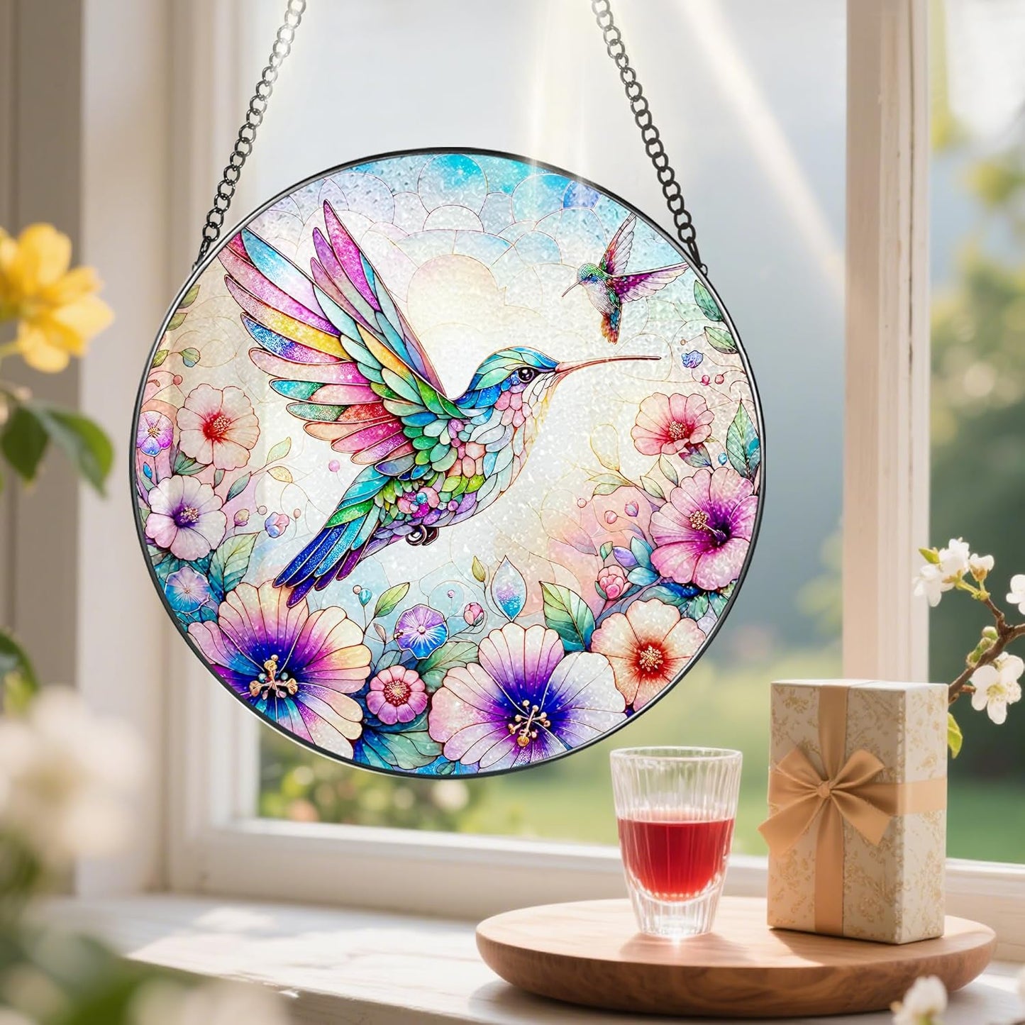 Stained Glass Window Hanging, Pauyadu Hummingbird Sun Catchers, Stained Glass Suncatcher, Hummingbird Decor Gifts for Women, Mom, Grandma, Wife, Lovers and Couple - 8 Inch