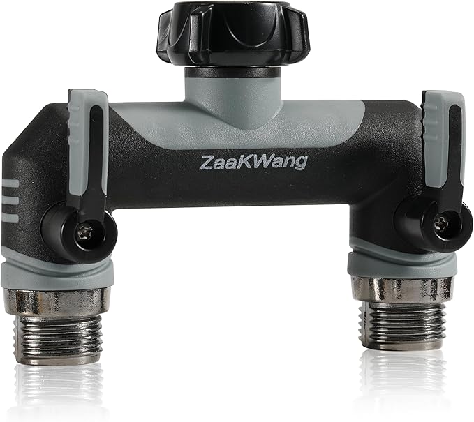 Full Flow Heavy Duty Two - Way Hose Splitter, Rugged Garden Faucet Adapter, Spout Diverter T - Way Adapter with Extended Handle, 3/4” GHT Thread, Grey