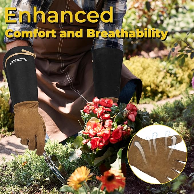 HANDLANDY Long Gardening Gloves for Men & Women, Cowhide Leather Rose Pruning Gloves, Breathable Thorn Proof Gauntlet Glove (Brown-Cowhide, M)