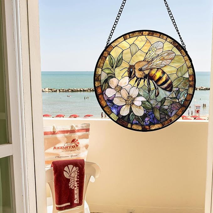 Stained Glass Window Hanging, Vintage Bee Yellow Flower Sun Catcher for Window Door Home Decor Suncatcher Christmas Mother's Day Birthday Gifts for Women Men Mom and Nana 11.8 in