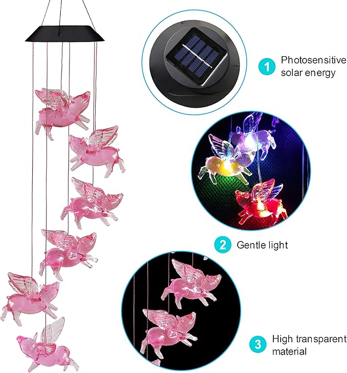 Solar Flying Pigs Wind Chimes Outdoor - Waterproof Solar Powered LED Changing Light Color Fly Pigs Mobile Romantic Wind-Bell for Home,Balcony,Party,Festival,Night Garden Decoration(Blackboard)