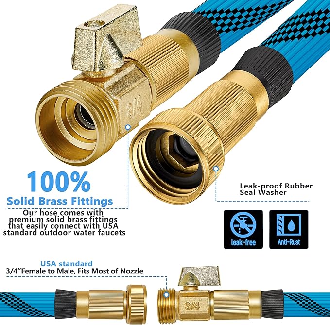 100 ft Garden Hose-Heavy Duty Water Hoses, Kink-free, Flexible&Lightweight Car Washing Pipe with 3/4" Solid Brass Connectors, Rubber Hoses with Spray