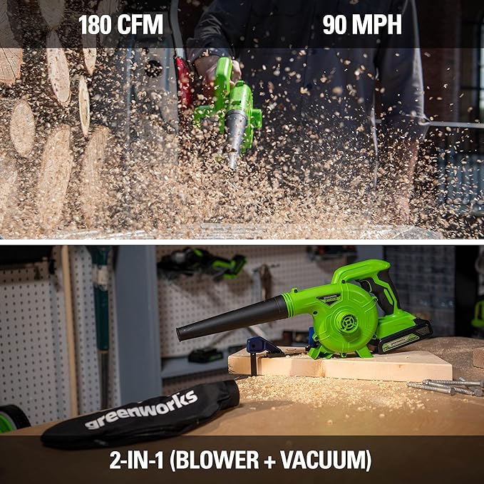 Greenworks 24V (90 MPH / 180 CFM / 150+ Compatible Tools) Cordless Shop Blower, 2.0Ah Battery and Charger Included