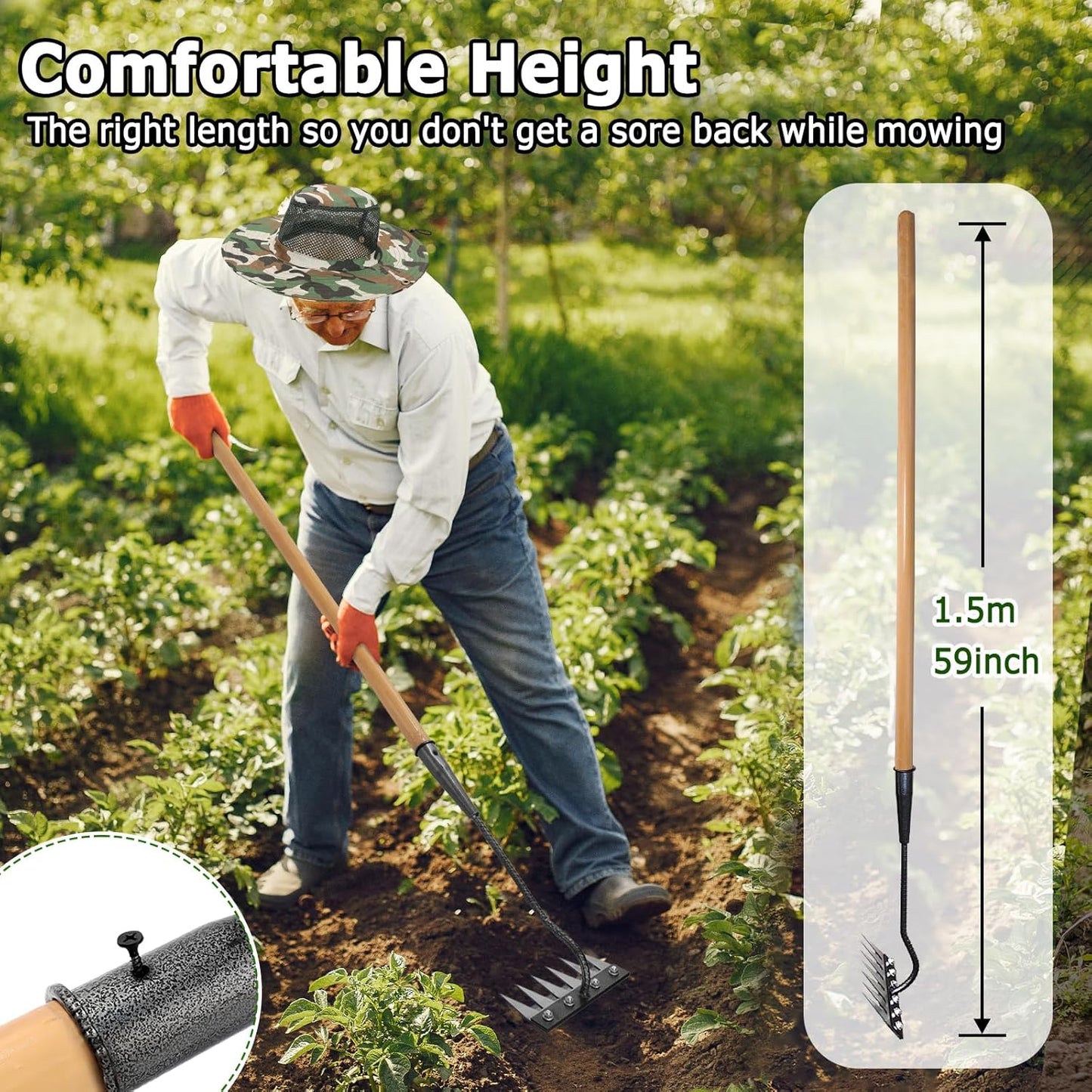 Gardenia Iron Weeding Rake, 2.0 Iron Weeding Rake with Long Handle, 6 Teeth Heavy Duty Puller Tools for Gardening, Weedings ,Lawn