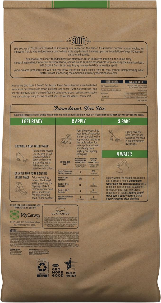 O.M. Scott and Sons Tall Fescue Blend Grass Seed, Fertilizer and Soil Improver, Naturally Crowds Out Weeds, Covers Up to 2,000 sq. ft., 8 lbs.
