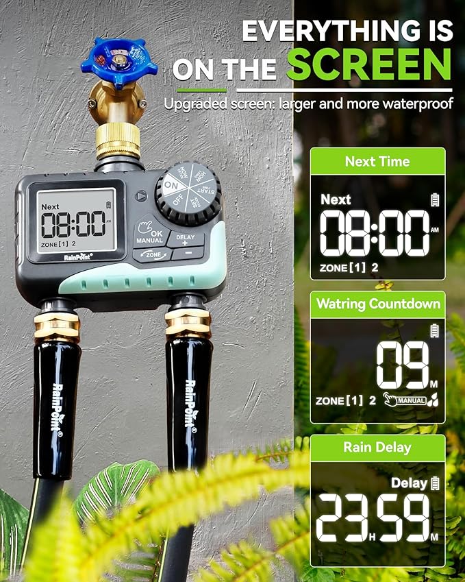 RAINPOINT Water Timer for Garden Hose - Sprinkler Timer with Brass Swivel - Rain Delay/Manual Watering/Automatic Irrigation Programmable Faucet for Yard, 2 Outlet