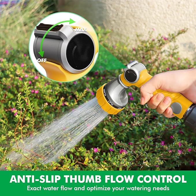 RESTMO Heavy Duty Hose Nozzle, Metal Garden Water Hose Sprayer with 7 Watering Patterns, Thumb Control, On Off Valve, High Pressure Nozzle Sprayer for Watering Plants, Car and Pet Washing, Yellow