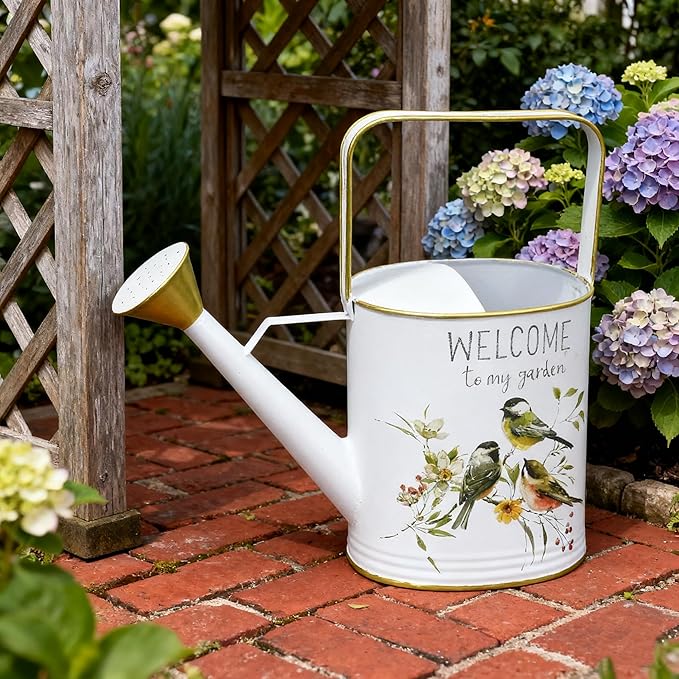 Vintage Decorative Metal Watering Can - Welcome to My Garden with Charming Bird & Floral Design, Rustic Farmhouse Watering Pot Planter for Indoor/Outdoor Plant Care
