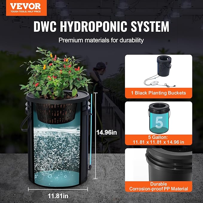 VEVOR DWC Hydroponics Grow System, Hydroponic Growing System with Top Drip Kit, 5-Gallon Deep Water Culture with Air Pump, Air Stone and Water Level Device for Leafy Vegetables(1 Bucket+Top Drip Kit)
