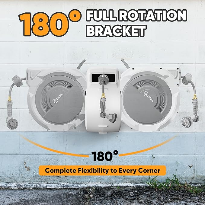 SILVEL Retractable Garden Hose Reel – 5/8 in x 110FT Heavy Duty Automatic Hose Reel Wall Mounted, Upgraded UV Resistant with 10 Pattern Nozzle, Any Length Lock & Slow Return System, 180°Swivel Bracket