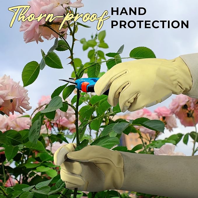 HANDLANDY Rose Pruning Gardening Gloves for Men Women, Thorn Proof Forearm Protection Leather Garden Gloves, Gardening Gifts for Gardeners (Beige- goatskin, Small (Pack of 1))