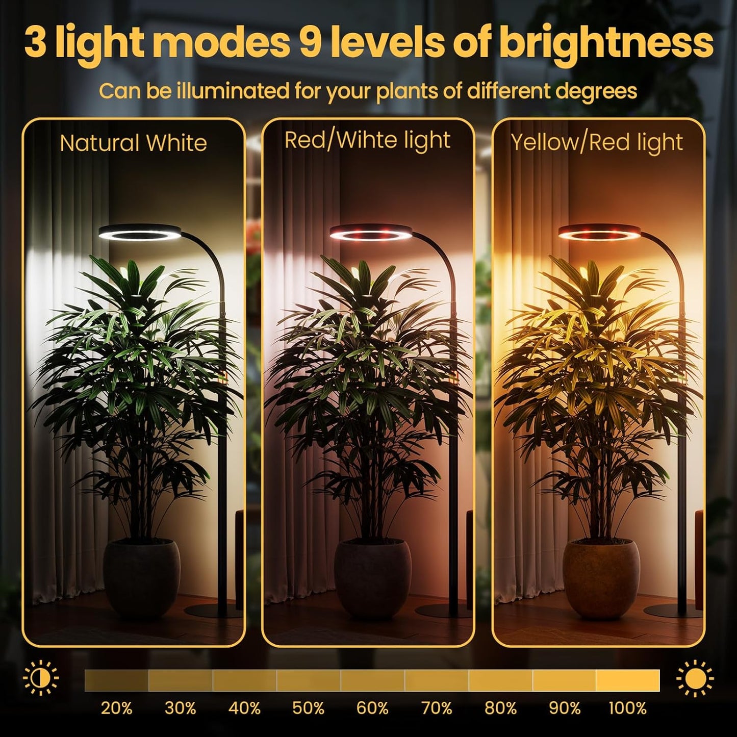 bseah Grow Light Plant Light for Indoor Plants, Full Spectrum Grow Lamp with Pedestal Stand, Automatic Timer for 3H/9H/12H, 10 Dimmable Levels, Height Adjustable 51-67in Black