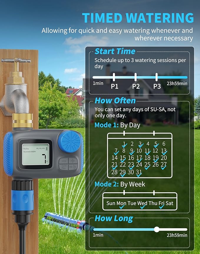 Sprinkler Timer, Programmable Hose Timers for Watering with Brass Swivel, Digital Irrigation Controller System with Rain Delay/Manual Mode/Automatic Watering for Outdoor Garden Yard Lawn