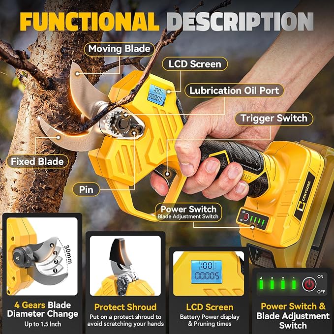 Pruning Shears Compatible with DeWalt 20v Battery, 1.5-2-Inch Cordless Electric Pruner with LCD Display & Imported SK7 Steel Blades for Gardening Tree Pruning(No Battery)