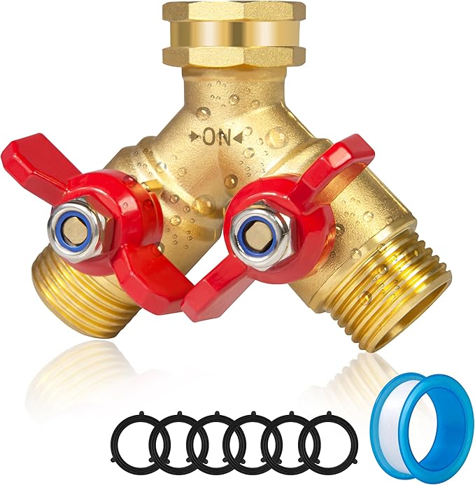 Garden Hose Splitter Full Flow, Brass Y Hose Splitter 2 Way Heavy Duty with Shutoff, Outdoor Water Faucet Splitter Hose Connector, Y Valve 3/4 Inch GHT Thread