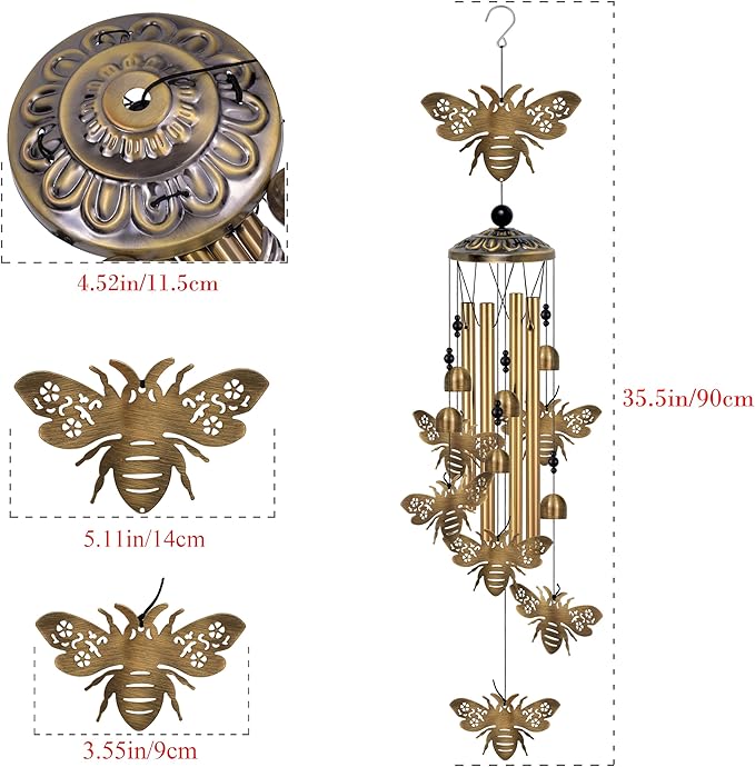 Outdoor Bee Wind Chimes Decor, Portable Wind Chime, Mobile Wind Catcher, Memorial Wind Bells with 7 Bees for Home, Yard, Patio, Trees, Garden Decoration, Valentines Gift, Festival Gift for Mom