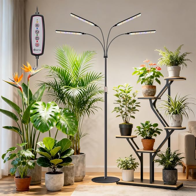 Grow Lights for Indoor Plants with Stand, 4-Heads Full Specturm Plant Grow Light with 4/8/12/16H Timer, 3 Color Modes, 360° Flexible Gooseneck, 24-68.7in Hight Adjustable Grow Lamp, Black