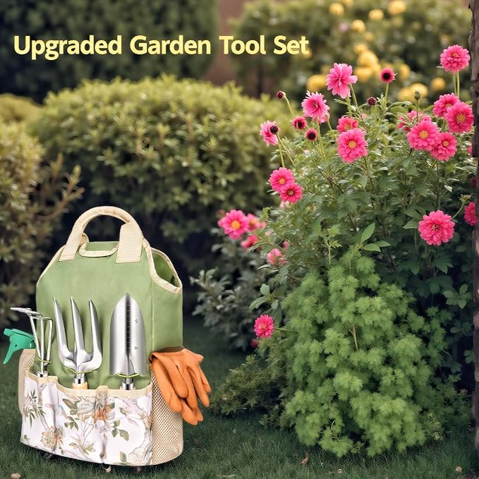 Gardening Tool Set 10 Pieces, Heavy Duty Stainless Steel Garden Tool Set Hand Tools with Roomy Lightweight Floral Tote Bag, Rust-Proof Garden Tools for Gardening, Ideal Gardening Gifts for Women Mom