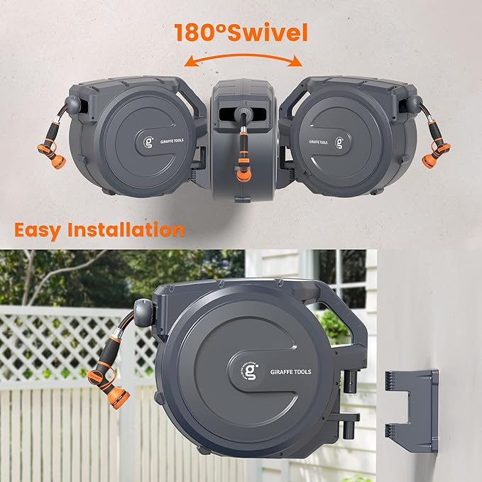 Giraffe Tools AW30 Retractable Garden Hose Reel 5/8inch x 62ft Hose Reels for Outside, with 9- Function Sprayer Nozzle, Any Length Lock/Slow Return System/Wall Mounted/180°Swivel Bracket