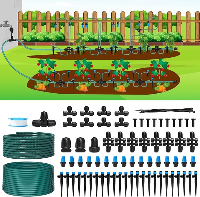 230FT Drip Irrigation System, Quick-Connect Automatic Garden Watering Misting System for Greenhouse, Yard, Lawn with 1/2 inch Hose, 1/4 inch Distribution Tubing, Drip Emitters, Connectors