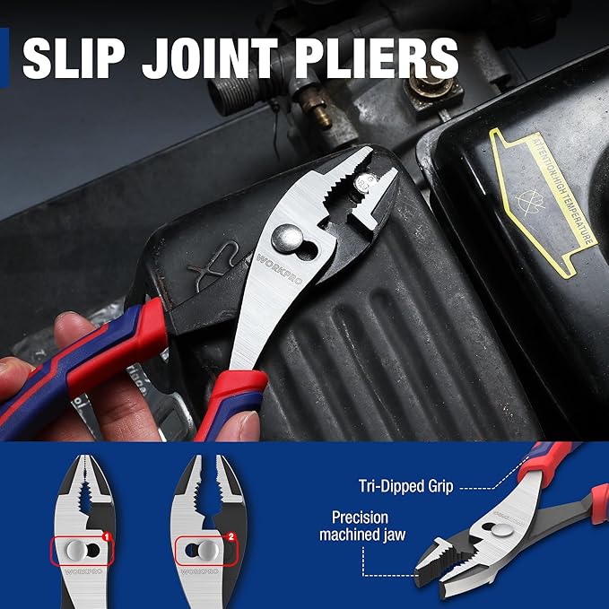 WORKPRO 6” Slip Joint Pliers Tool, Large Soft Grip,Rust Prevention Finish, 3-Zone Serrated Jaw Forged from High Carbon Steel for Maximum Grip