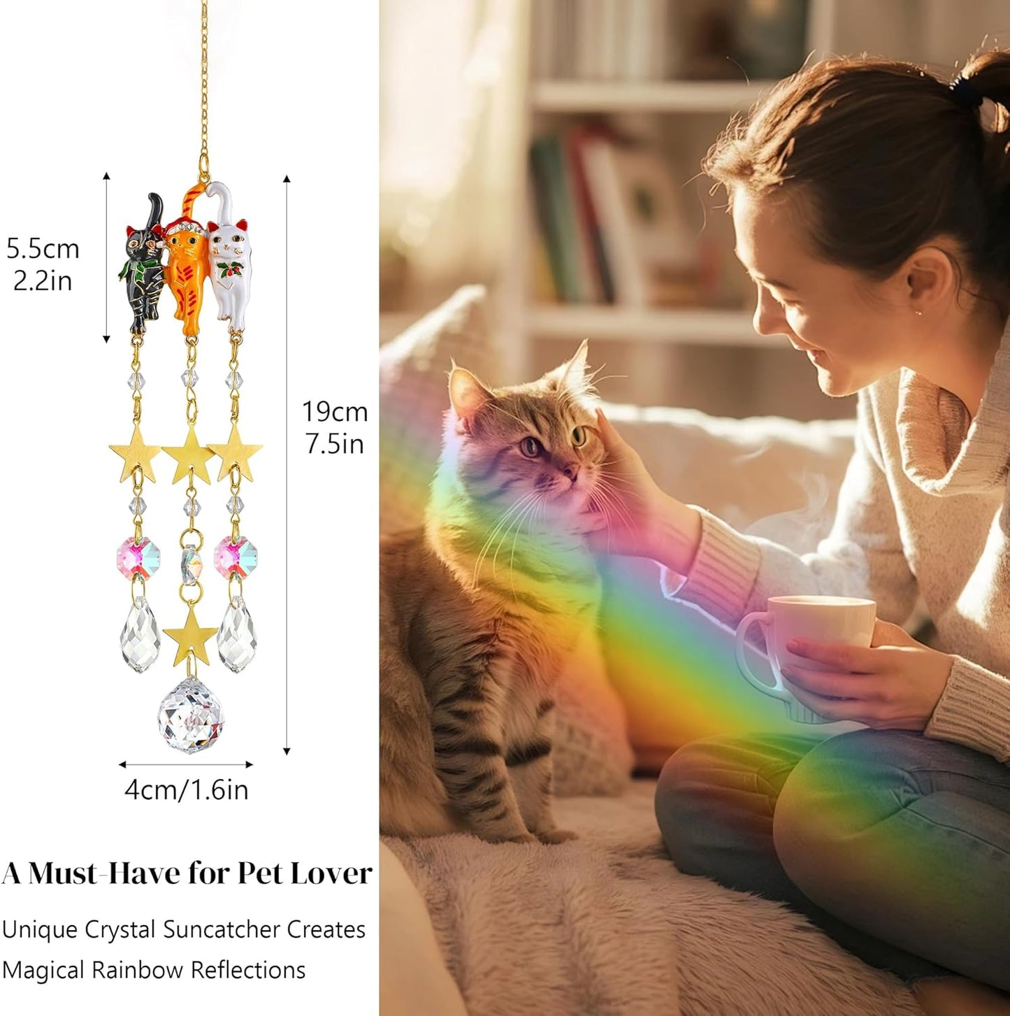 H&D HYALINE & DORA 15.5Inch Cat Suncatcher Crystal Sun Catchers Indoor Window Rainbow Crystal Prisms Ornament Cat Gifts for Women, Pet Lovers